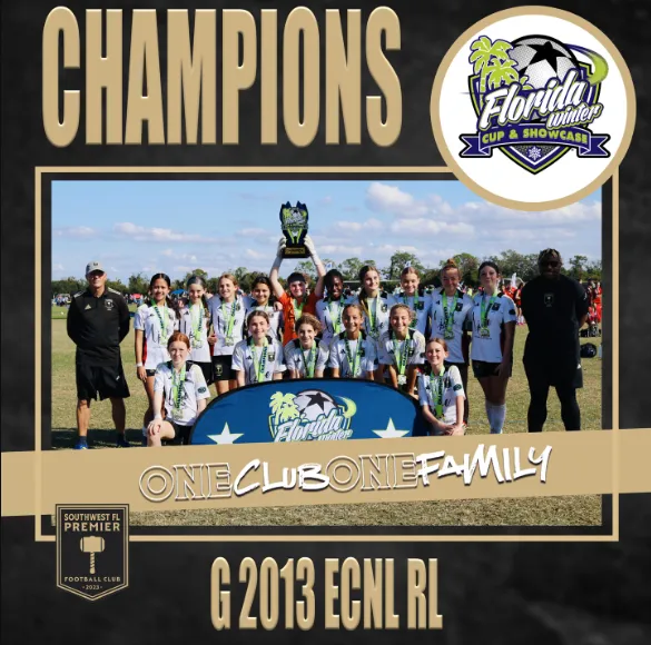 Braden River Soccer Club Girls 2013 team celebrating with a trophy after winning the ECNL Regional League championship, labeled One Club One Family.